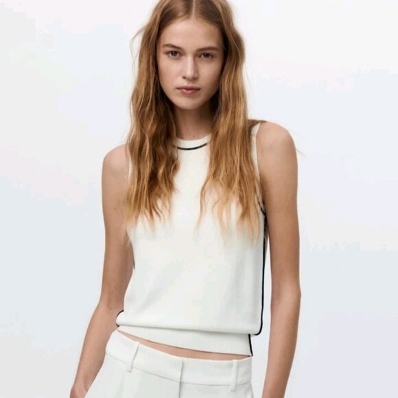 Zara Women's Blue Knit Sweater Vest Contrast trim Sleeveless Modern Minimalist M - Picture 5 of 6